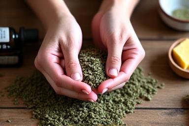 Mãos a selecionar ervas e óleos naturais para cosméticos